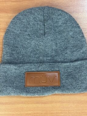 Gray Knit Beanie Hat Leather Patch Unisex One Size